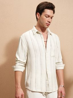 HIGHLANDER - Men's White Collar Neck Full Sleeves Relaxed Stripes Shirt
