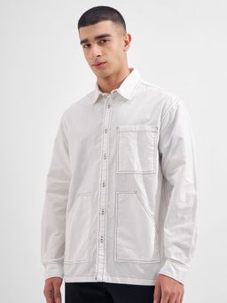 HIGHLANDER - Men's White Collar Neck Full Sleeves Oversized Solid/Plain Shirt