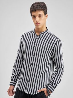 HIGHLANDER - Men's Black Mandarin Neck Full Sleeves Relaxed Stripes Shirt
