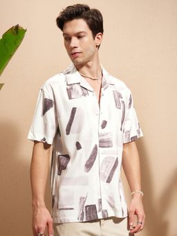 HIGHLANDER - Men's Off White Collar Neck Half Sleeves Relaxed Abstract Shirt