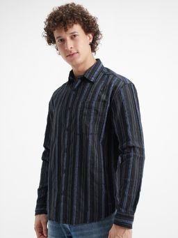 HIGHLANDER - Men's Black Collar Neck Full Sleeves Relaxed Stripes Shirt