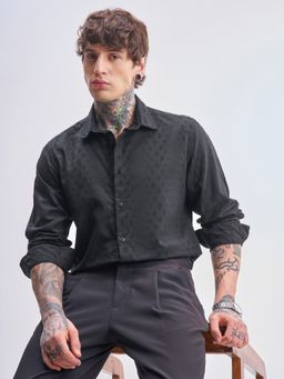 HIGHLANDER - Men's Black Collar Neck Full Sleeves Slim Textured Shirt