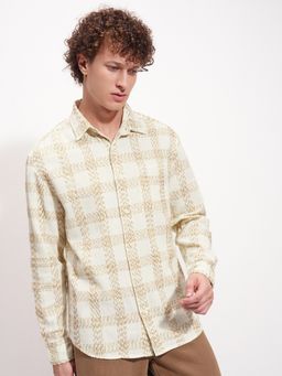 HIGHLANDER - Men's Cream Collar Neck Full Sleeves Relaxed Checks Shirt