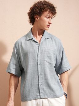 HIGHLANDER - Men's Blue Collar Neck Half Sleeves Boxy Textured Shirt