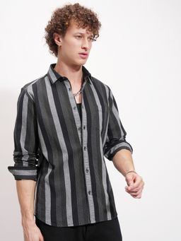 HIGHLANDER - Men's Black Collar Neck Full Sleeves Slim Stripes Shirt