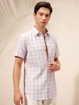 HIGHLANDER - Men's Lavender Collar Neck Half Sleeves Relaxed Checks Shirt