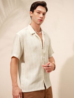 HIGHLANDER - Men's Khaki Collar Neck Half Sleeves Relaxed Stripes Shirt