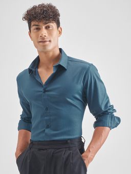 HIGHLANDER - Men's Teal Collar Neck Full Sleeves Slim Solid/Plain Shirt