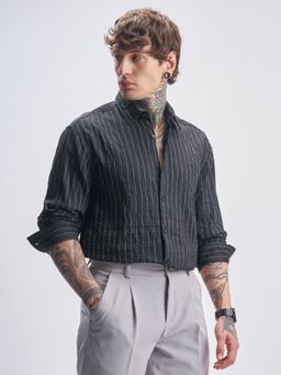 HIGHLANDER - Men's Black Collar Neck Full Sleeves Relaxed Stripes Shirt