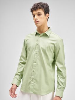 HIGHLANDER - Men's Green Collar Neck Full Sleeves Slim Solid/Plain Shirt