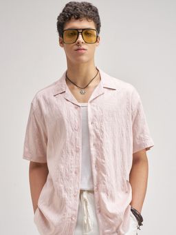HIGHLANDER - Men's Pink Collar Neck Half Sleeves Relaxed Textured Shirt