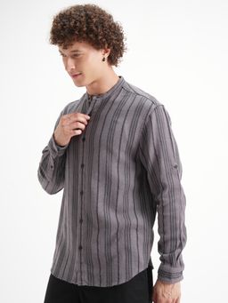 HIGHLANDER - Men's Black Mandarin Neck Full Sleeves Relaxed Stripes Shirt
