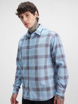 HIGHLANDER - Men's Blue Collar Neck Full Sleeves Relaxed Checks Shirt