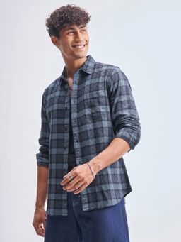 HIGHLANDER - Men's Blue Collar Neck Full Sleeves Slim Checks Shirt