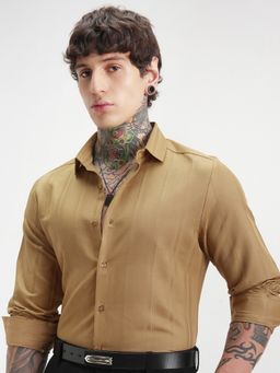 HIGHLANDER - Men's Mustard Collar Neck Full Sleeves Slim Stripes Shirt