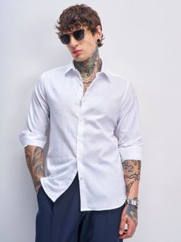 HIGHLANDER - Men's White Collar Neck Full Sleeves Slim Textured Shirt