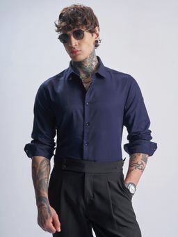 HIGHLANDER - Men's Navy Blue Collar Neck Full Sleeves Slim Textured Shirt