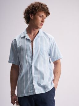 HIGHLANDER - Men's Blue Collar Neck Half Sleeves Relaxed Stripes Shirt