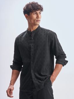 HIGHLANDER - Men's Black Mandarin Neck Full Sleeves Relaxed Textured Shirt