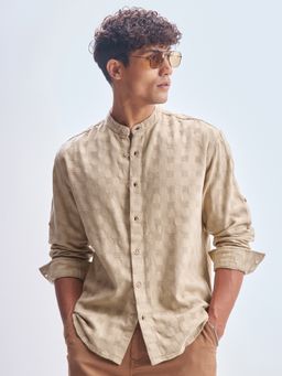 HIGHLANDER - Men's Khaki Mandarin Neck Full Sleeves Relaxed Textured Shirt