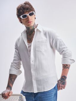 HIGHLANDER - Men's White Collar Neck Full Sleeves Slim Textured Shirt