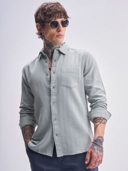 HIGHLANDER - Men's Grey Collar Neck Full Sleeves Slim Textured Shirt