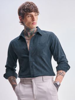 HIGHLANDER - Men's Teal Collar Neck Full Sleeves Slim Textured Shirt