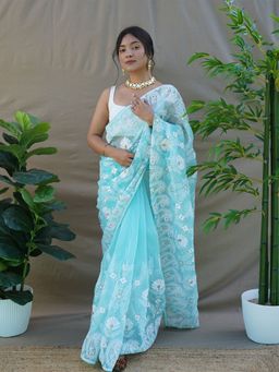 Odette - Blue Embroidered Organza Silk Saree with Unstitched Blouse