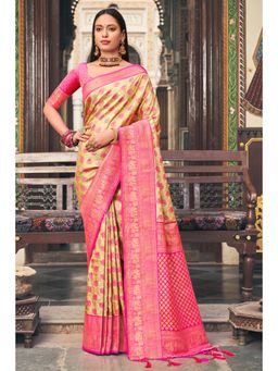 Sangam Prints - Beige Silk Woven Zari Work Traditional Tassel Saree with Unstitched Blouse