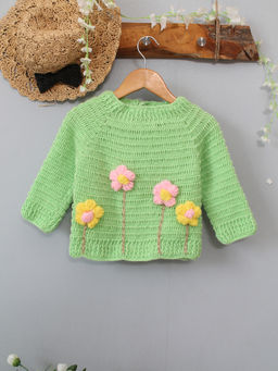 Woonie - Green Crochet Floral Sweater