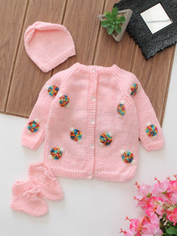 Woonie - Pink Embroidered Baby Sweater with Cap and Bootie