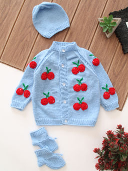 Woonie - Blue Cherry Applique Baby Sweater with Cap and Bootie