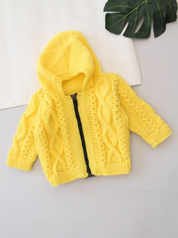 Woonie - Yellow Cable Knit Hooded Sweater