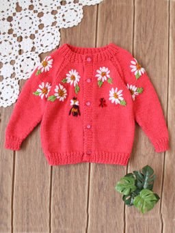 Woonie - Pink Floral Embroidered Baby Sweater