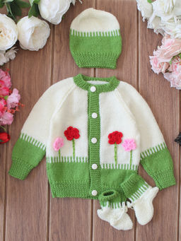 Woonie - Green Floral Applique Striped Border Sweater with Cap and Bootie