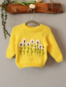Woonie - Yellow Handknitted Floral Embroidered Sweater