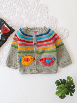 Woonie - Grey Crochet Striped Front Button Sweater