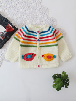 Woonie - Cream Crochet Striped Front Button Sweater