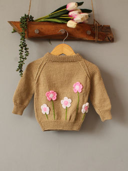 Woonie - Brown Handknitted Floral Applique Sweater