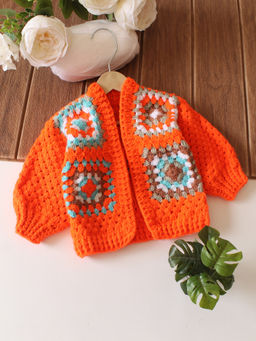 Woonie - Orange Crochet Granny Square Front Openable Sweater