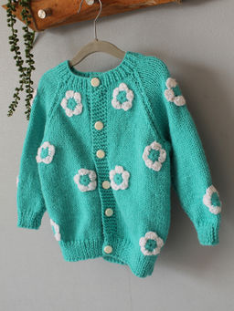 Woonie - Blue Handknitted Floral Front Button Sweater