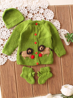 Woonie - Green Handknitted Animal Design Sweater with Cap and Bootie