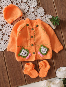Woonie - Orange Handknitted Floral Embroidered Sweater