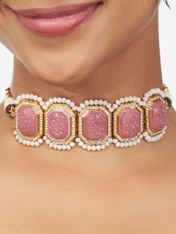 Joules By Radhika - Gold Finish Pink and Off White Choker Necklace
