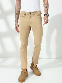 necked - Khaki Slim Fit Plain Trousers