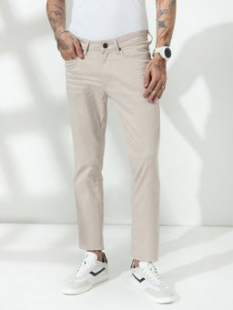 necked - Cream Slim Fit Plain Trousers