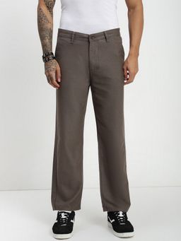 necked - Brown Mouse Drill Linen Relaxed Cotton Pant