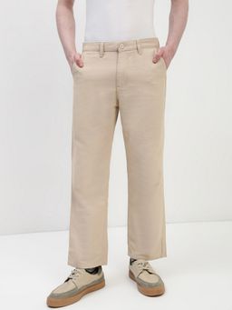 necked - Cream Drill Linen Relaxed Cotton Pant