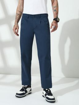 necked - Airforce Blue Straight Fit Cotton Pant