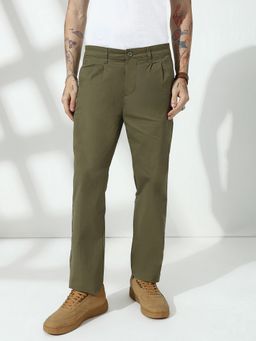 necked - Sage Green Straight Fit Cotton Pant
